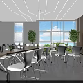Modern School Cafeteria Interior With Bright Windows White Tables And Green Plants 3d model