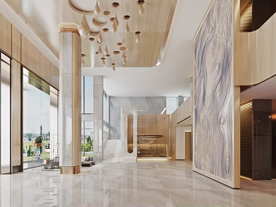 Modern Hotel Lobby Interior With Marble Flooring Wooden Accents And Chandelier Lighting Design 3d model