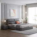 Background Double Bed Interior With Gray Headboard Pillows Blanket Nightstand Lamp Wall Painting And Blinds