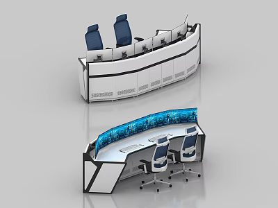 Modern Control Room With Curved Console Multiple Monitor Screens And Blue Chairs 3d model