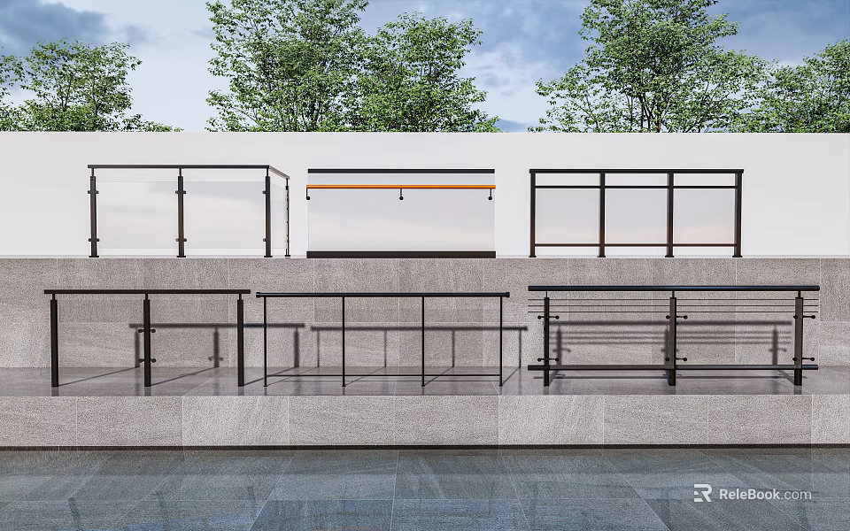 Black Metal Railings with Different Designs Installed on Stone Outdoor Platforms 3d model