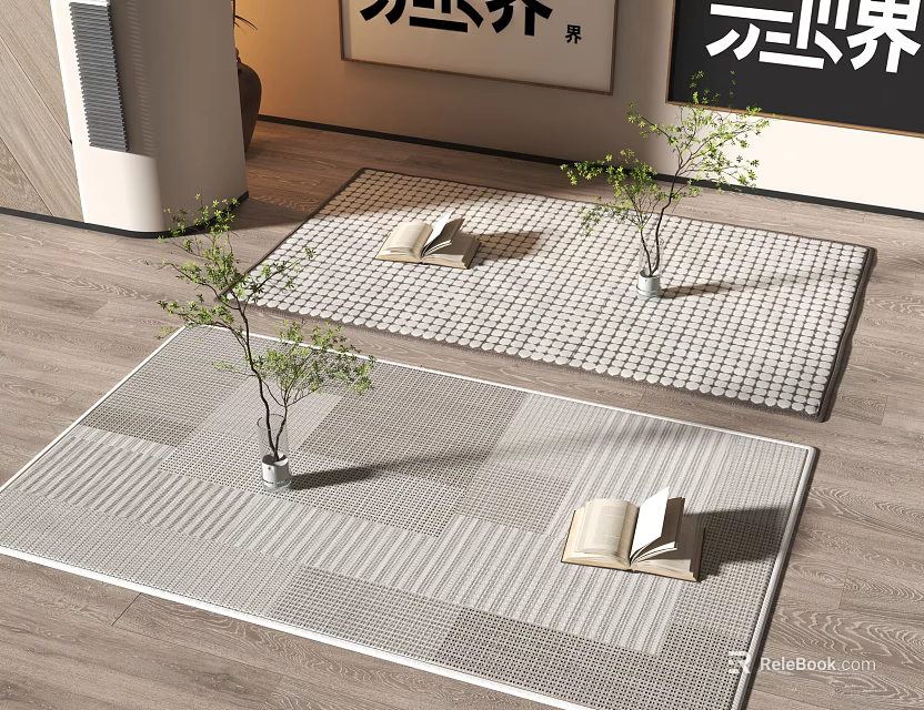 Square Rugs In Modern Interior With Plants And Books 3d model