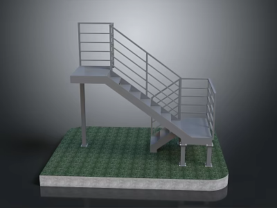 Metal Staircase With Railings Steps On Grass Base And Concrete Foundation 3d model