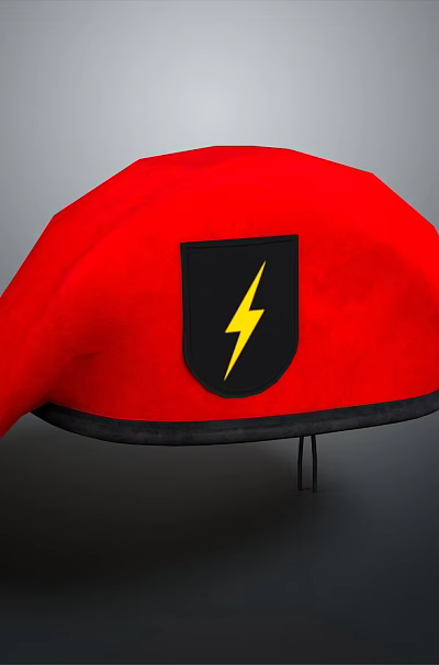 Red Beret With Black Shield Emblem And Yellow Lightning Bolt Design 3d model Red Beret With Black Shield Emblem And Yellow Lightning Bolt Design 3d model
