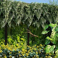 Lush Green Plant Wall Featuring Plants Yellow Flowers Deer Statue And Pebbles In Garden