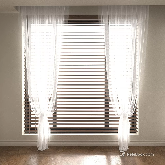White Sheer Curtains With Wooden Blinds On Window For Natural Light Filtering 3d model 