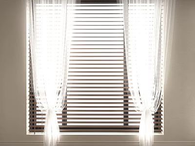 White Sheer Curtains With Wooden Blinds On Window For Natural Light Filtering 3d model
