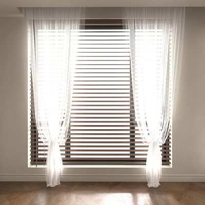 White Sheer Curtains With Wooden Blinds On Window For Natural Light Filtering 3d model