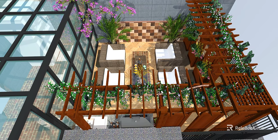 Rooftop Garden Design With Wooden Pergola Climbing Plants Outdoor Seating And Patterned Floor Tiles 3d model 