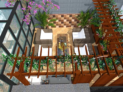 Rooftop Garden Design With Wooden Pergola Climbing Plants Outdoor Seating And Patterned Floor Tiles 3d model