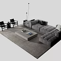 Modern Gray Modular Sofa Set With Black Chairs Coffee Table Floor Lamp On Light Carpet 3d model