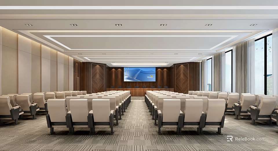 Modern Conference Room With Rows of Seats Large Screen and Wooden Walls 3d model 