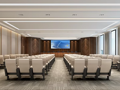 Modern Conference Room With Rows of Seats Large Screen and Wooden Walls 3d model