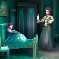 Young Girl Resting On Vintage Bed In Green Room With Woman Holding Tray And Lamp