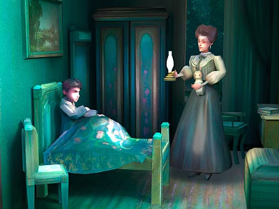 Young Girl Resting On Vintage Bed In Green Room With Woman Holding Tray And Lamp 3d model