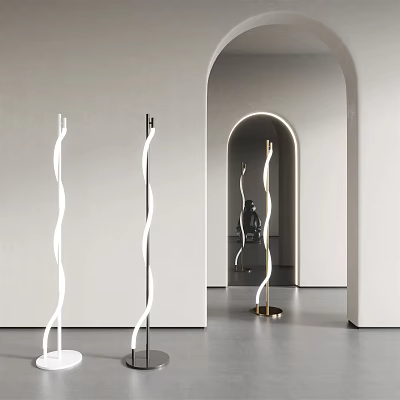 Spiral Floor Lamp In Black White With Golden Base Arched Doorway White Wall Shiny Floor 3d model