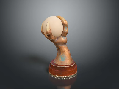 Hand Sculpture With Bronze Texture Holding Light Colored Egg On Brown Base 3d model