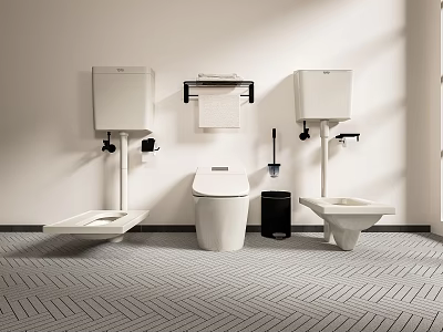 Modern Bathroom Toilet With Sink Toilet Paper Holder Trash Can Light Wall And Floor Pattern 3d model