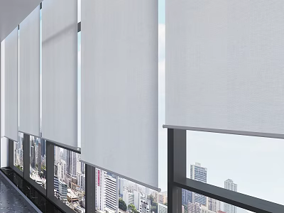 Modern Minimalist White Linen Roller Curtains For Large Windows With City View 3d model