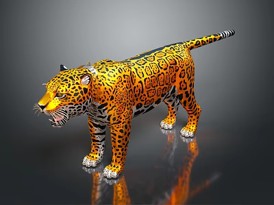 Realistic 3D Leopard Model With Orange Black Spots In Standing Pose On Reflective Ground 3d model