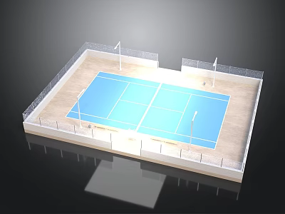 Tennis Court Structure With Blue Playing Surface White Fencing Net And Lines 3d model