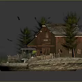 Cartoon Scene With Wooden Barn Pine Trees Water Tower Stones Hay And Fence