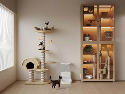 Cozy Indoor Cat Furniture Setup With Wooden Tree Bed And Illuminated Cabinet Supplies 3d model