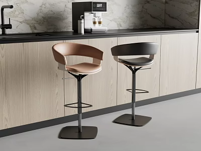 Modern Kitchen Interior With Stylish Brown And Black Bar Stools By Counter Area 3d model