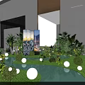 Modern Indoor Landscape With Green Plants Round White Lights Water Pool And Decorative Screens