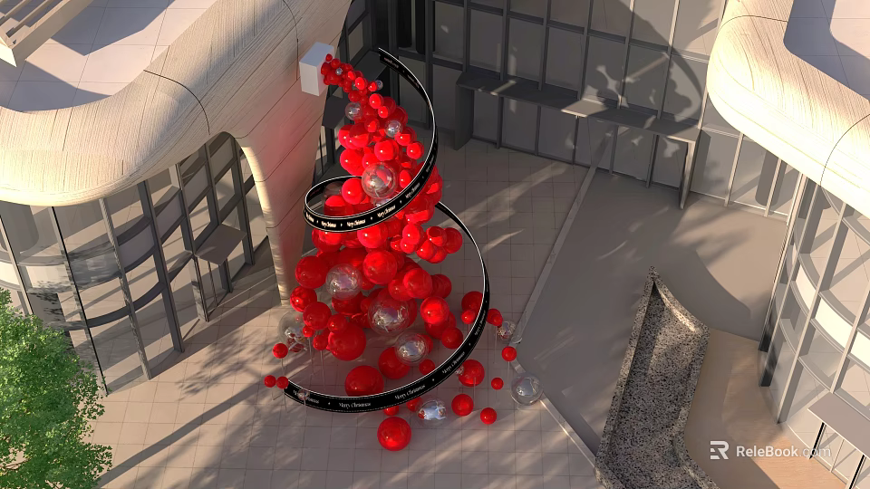 Spiral Red And Transparent Balloon Art Installation At Modern Building Plaza 3d model 