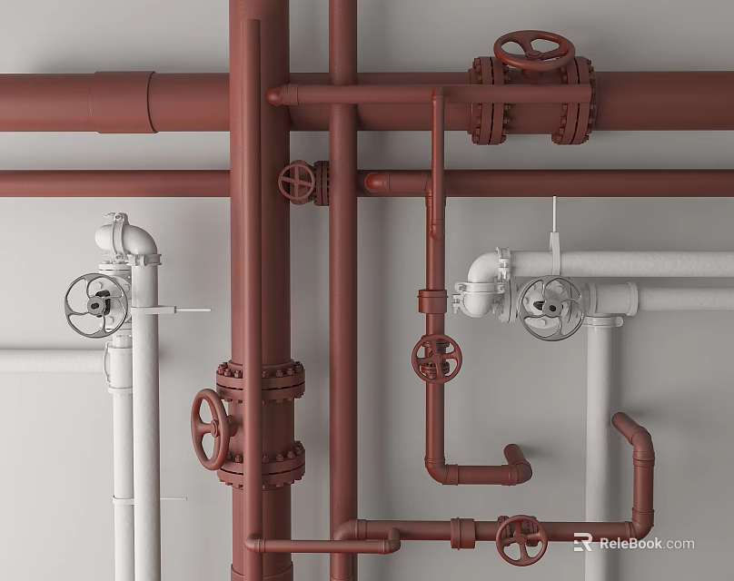 Red and White Pipes with Valves and Fittings Mounted on White Wall 3d model 