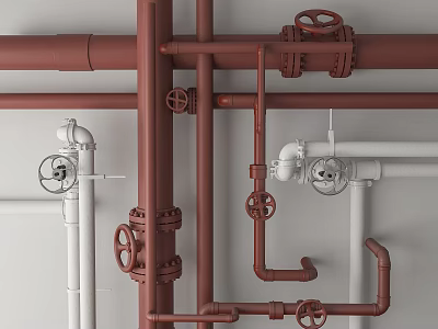 Red and White Pipes with Valves and Fittings Mounted on White Wall 3d model