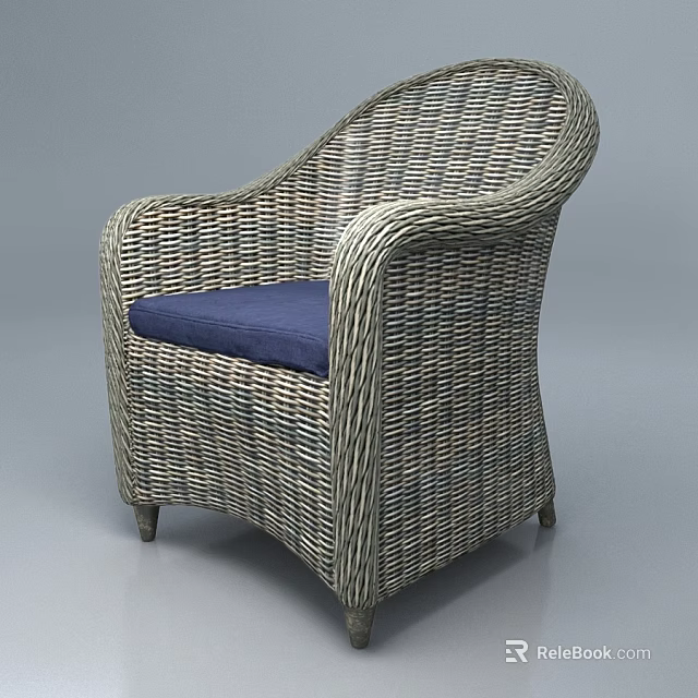 Stylish Rattan Leisure Chair With Blue Cushion Comfortable Outdoor Seating Design 3d model 