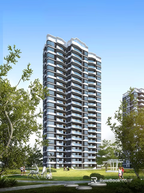 Modern High Rise Residential Building with Multiple Windows and Balconies Surrounded by Green Trees 3d model 