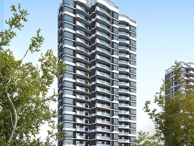 Modern High Rise Residential Building with Multiple Windows and Balconies Surrounded by Green Trees 3d model