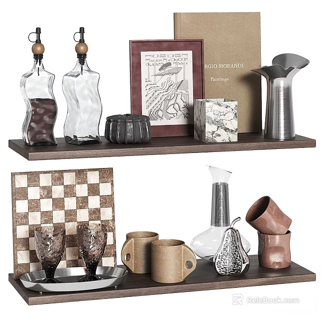 Stylish Dinnerware Set Display With Ceramic Cups Glass Vases And Decorative Pieces On Shelves 3d model 