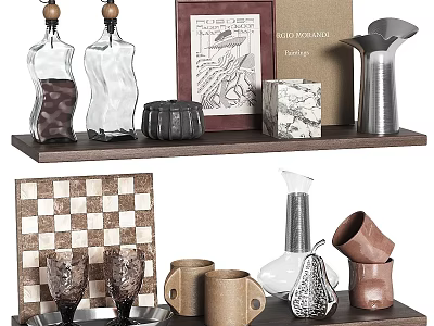 Stylish Dinnerware Set Display With Ceramic Cups Glass Vases And Decorative Pieces On Shelves 3d model