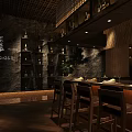 Modern Open Restaurant Interior With Bar Counter Wine Racks And Warm Lighting