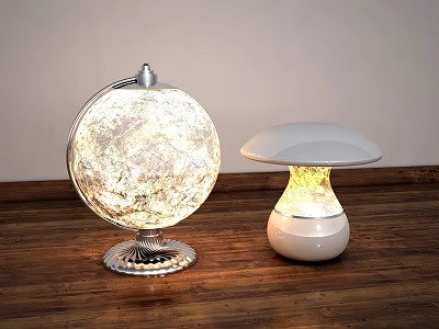 Globe And Mushroom Shaped Table Lamps On Wooden Table With Warm Illumination 3d model