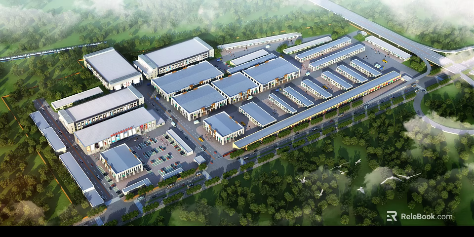 Aerial View Planning of Industrial Park With Aligned Factory Buildings And Road Layout 3d model 