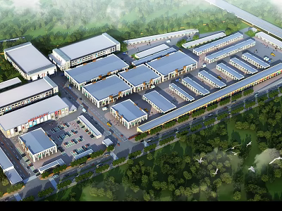 Aerial View Planning of Industrial Park With Aligned Factory Buildings And Road Layout 3d model