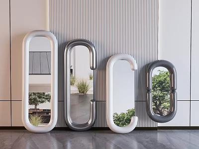 Modern Arched Mirrors With White And Gray Frames Reflecting Indoor Plants On Wall 3d model