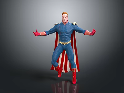 Dynamic Man In Blue Superhero Costume With Red Gloves Boots And Cape 3d model