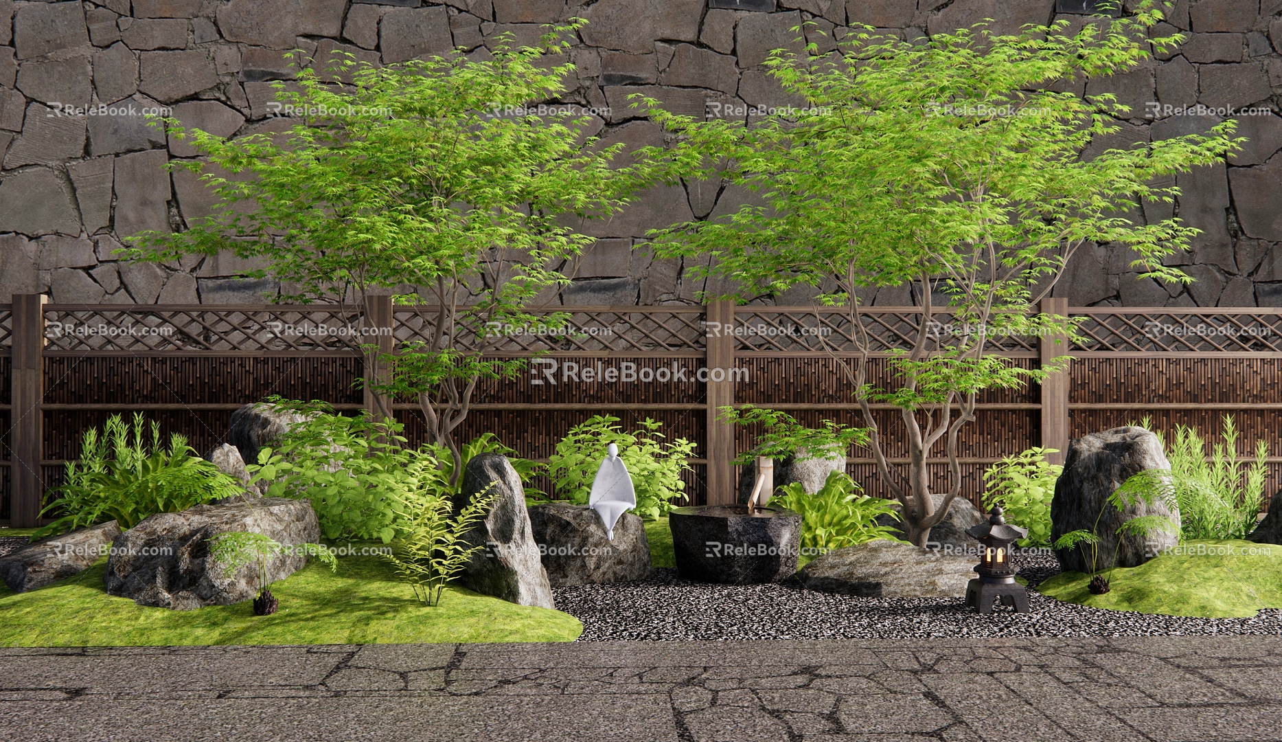 Japanese-style courtyard landscape landscaping dry landscape courtyard sketch stone landscape stone water bowl maple bamboo hedge fence plant landscape 3d model