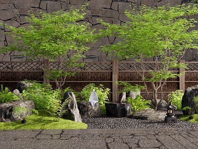 Japanese-style courtyard landscape landscaping dry landscape courtyard sketch stone landscape stone water bowl maple bamboo hedge fence plant landscape 3d model