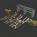 Road Scene Construction Components Featuring Bridge Modules Curved Road Sections And Terrain Blocks 3d model