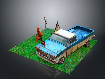 Vintage Blue Pickup Truck On Green Grassy Ground With Brown Chair And Tripod Lamp 3d model