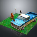 Vintage Blue Pickup Truck On Green Grassy Ground With Brown Chair And Tripod Lamp