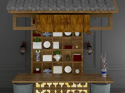 Traditional Chinese Wooden Component Featuring Tile Roof And Displayed Plates Vases Books Lanterns 3d model