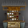 Traditional Chinese Wooden Component Featuring Tile Roof And Displayed Plates Vases Books Lanterns